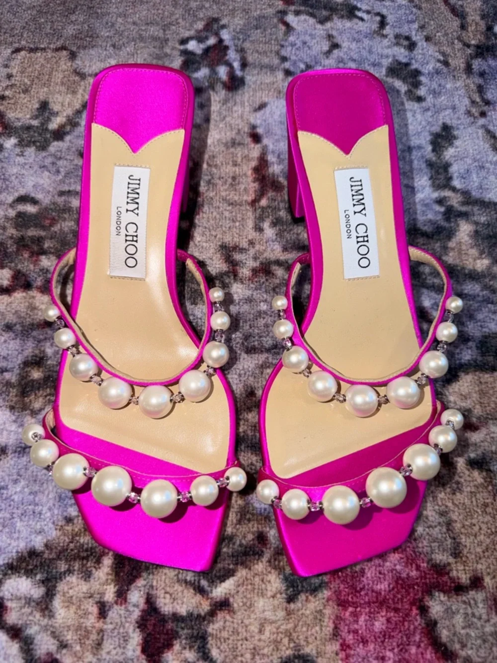 Jimmy Choo Amara 45 Satin Sandal Pink size 38 brand new never worn pearl accent - Picture 5 of 14